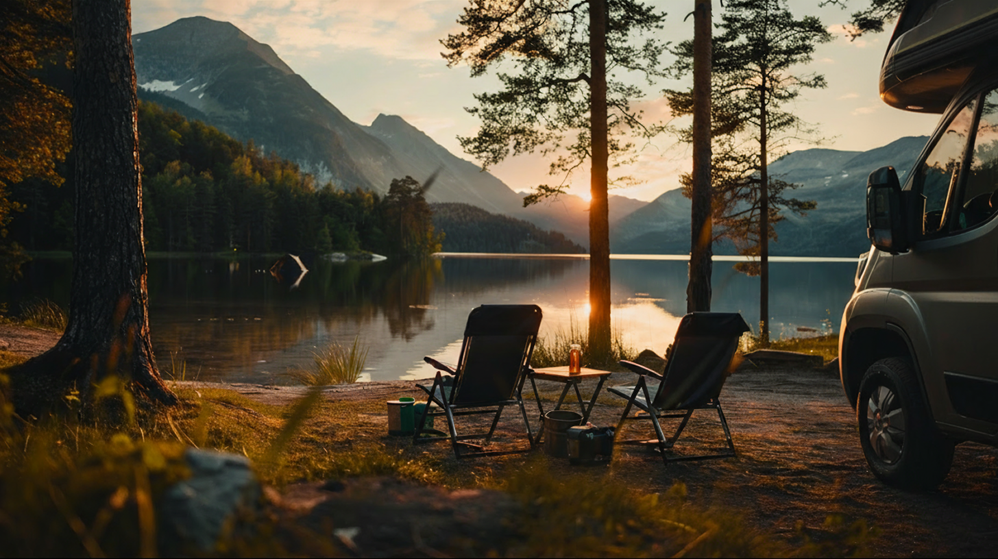 Camping scene from inside tent looking at mountain landscape